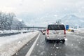 January 12th, 2019 - Salzburg, Austria: Winter highway with many different cars stucked in traffic jam due ti bad Royalty Free Stock Photo