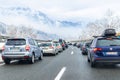 January 12th, 2019 - Salzburg, Austria: Winter highway with many different cars stucked in traffic jam due ti bad Royalty Free Stock Photo