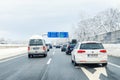 January 12th, 2019 - Salzburg, Austria: Winter highway with many different cars stucked in traffic jam due ti bad Royalty Free Stock Photo