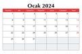 January 2024 turkish month calendar. Vector printable illustration. Planning in Turkey