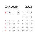 January 2026 vector calendar grid Royalty Free Stock Photo