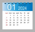 January 2024. Vector monthly calendar template 2024 year in simple style for template design
