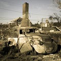 JANUARY 2018, VENTURA CALIFORNIA - Destroyed homesand cars from 2018 Thomas Fire off Foothill Road. Damage, burn