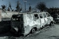 JANUARY 2018, VENTURA CALIFORNIA - Destroyed homesand cars from 2018 Thomas Fire off Foothill Road. Burned, county