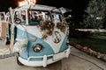 January 29, 2020: VW Bus T1 classic car Wedding decoration. Hippie Volkswagen Bus for Wedding day