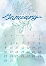 Watercolor Winter January month Calendar template for 2022 year. Week Starts Sunday. Blue, turquoise and gray Splash and
