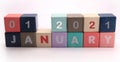 JANUARY, from wooden blocks with letters, important date concept