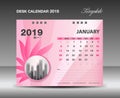 Calendar 2019, January Month, Desk Calendar Template vector design, pink flower concept