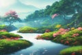 Japan anime scenery wallpaper featuring beautiful pink cherry trees and Mount Fuji in the background