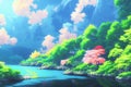 Japan anime scenery wallpaper featuring beautiful pink cherry trees and Mount Fuji in the background