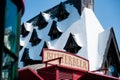 Japan - April 03, 2023: Butterbeer logo sign banner for drink booth with snow castle roof in Harry Potter Town at Universal Studio