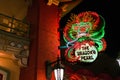 Japan - April 03, 2023: The Dragon\'s Pearl restaurant logo sign hanging on the Chinese architecture and lantern in landmark