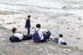 Japan, Arashiyama, 04/06/2017. A company of Japanese students relaxing in nature