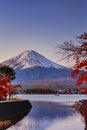 Japan and Asian Travel Destinations. Fuji Mountain in Kawaguchiko in Japan With Seasonal Red Maples in Foreground. Picture Taken
