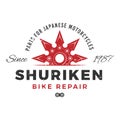 Japan bike repair service logo concept. Ninja weapon insignia design. Vintage shuriken badge. Motorcycle parts t-shirt