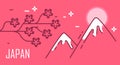 Japan card with moon, Sakura and mountains. Thin line flat design. Vector color banner