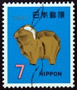 JAPAN - CIRCA 1966: A stamp printed in Japan from the `New Year` issue shows Ittobori Sheep sculpture, circa 1966.