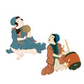 Japan culture, japanese kids with drums playing music isolated vector illustration. Edo period ukiyo-e boys in ancient