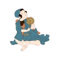 Japan culture, japanese kids with drums playing music isolated vector illustration. Edo period ukiyo-e boys in ancient