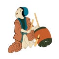 Japan culture, japanese kids with drums playing music isolated vector illustration. Edo period ukiyo-e boys in ancient