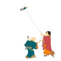 Japan culture, japanese kids with kate playing boy and girl isolated illustration. Edo period ukiyo-e children in