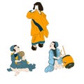 Japan culture, japanese kids with musical instruments playing music isolated vector illustration. Edo period ukiyo-e