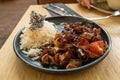 Japan Curry, Beef and Vegetables Stir Fry with White Rice, Teriyaki Beef on Restaurant Plate Royalty Free Stock Photo