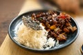 Japan Curry, Beef and Vegetables Stir Fry with White Rice, Teriyaki Beef on Restaurant Plate Royalty Free Stock Photo