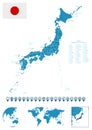 Japan - detailed blue country map with cities, regions, location on world map and globe. Infographic icons