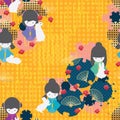 Japan doll rabbit circle group diagonal seamless pattern