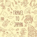 Japan doodle line icons vector set