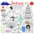 Japan doodles elements. Hand drawn set with Fujiyama mountain Royalty Free Stock Photo