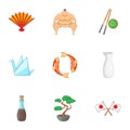 Japan elements icons set, cartoon style