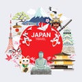 Japan famous landmarks travel background with tokyo tower, fuji mountain, shrine, castle, temple, sakura