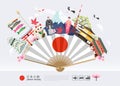 Japan famous landmarks travel background with tokyo tower, fuji mountain, shrine, castle, temple, sakura blossom