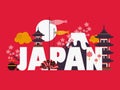 Japan famous symbols and landmarks, vector illustration. Sightseeing tour in Asian country, poster on red background in