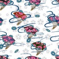 Japan fan flower style line cloud out seamless pattern