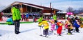 Many children learning and practice how to playing ski from staff or coach at jiten snow resort, Yamanashi, Japan.