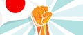 Japan fight and protest independence struggle rebellion show symbolic strength with hand fist illustration and flag