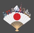 Japan flag on fan with japan travel landmark Royalty Free Stock Photo