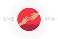 Japan flag with two hands reaching out to each other in the rain, flood and storm. Letters read Save Japan. Royalty Free Stock Photo