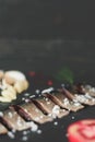 Japan food, mackerel sashimi black background Royalty Free Stock Photo