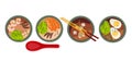 Japan food. Miso soup set. Soap with Miso pasta and other different ingredients. Asian bowls. Color Flat vector top view