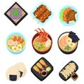 Japan food tasty cartoon icon Asian set menu restaurant Top view illustration Royalty Free Stock Photo