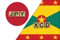 Japan and Grenada currencies codes on national flags background