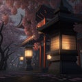 Japan, historical Nara, old lit lanterns under gorgeous sakura bossoms, with petals on the street, AI generative