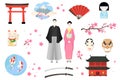 Japan icon, Japanese people vector illustration, cartoon woman man character in traditional costume, asian culture set Royalty Free Stock Photo