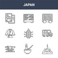 9 japan icons pack. trendy japan icons on white background. thin outline line icons such as fishing, kei, lunch box . japan icon