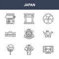 9 japan icons pack. trendy japan icons on white background. thin outline line icons such as anime, origami, torii gate . japan