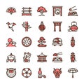 Japan items color linear icons set